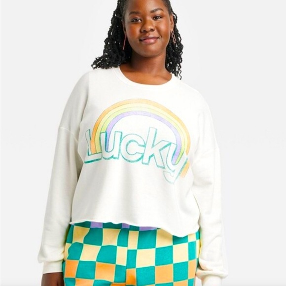 Lucky 🍀 Rainbow White crew neck Sweatshirt Raw Hemline SUPER SOFT SIZE 3X NWT - Picture 1 of 12